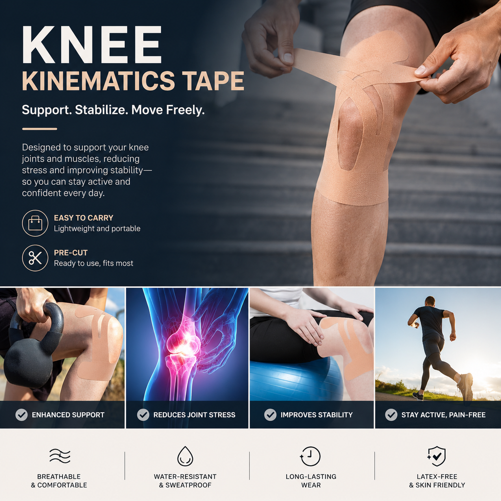 Pre-Cut Kinesiology Tape for Knees, Breathable Hypoallergenic Latex-Free