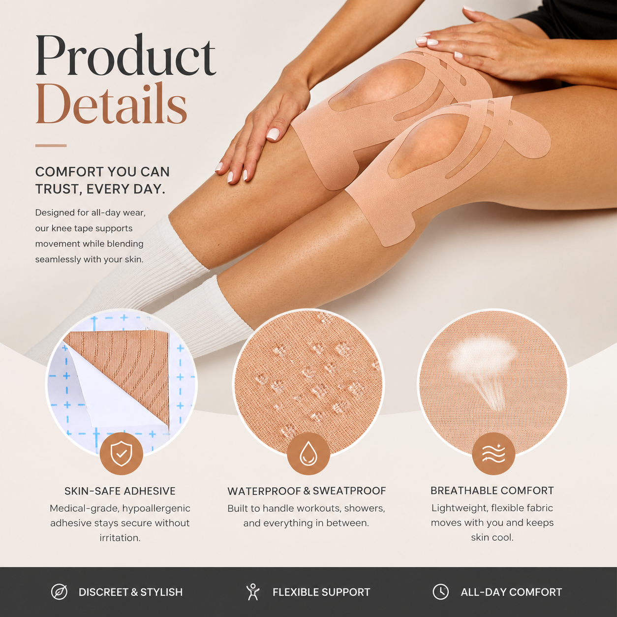 Pre-Cut Kinesiology Tape for Knees, Breathable Hypoallergenic Latex-Free